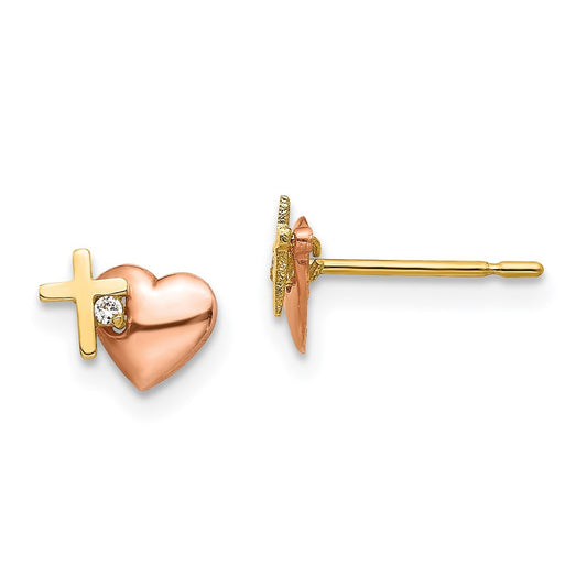 14K Yellow & Rose Gold Madi K CZ Heart and Cross Post Earrings