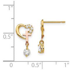 14K Yellow Gold Madi K Two-tone CZ Children's Cross & Heart Post Earrings