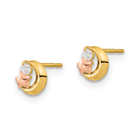 14K Tri-Color Gold Madi K CZ Moon and Star Post Earrings