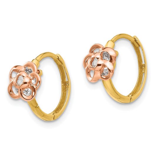 14K Yellow & Rose Gold Madi K CZ Flower Hinged Hoop Earrings