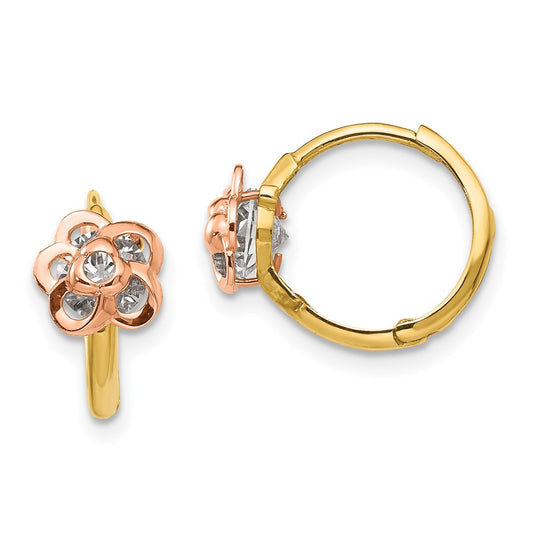 14K Yellow & Rose Gold Madi K CZ Flower Hinged Hoop Earrings