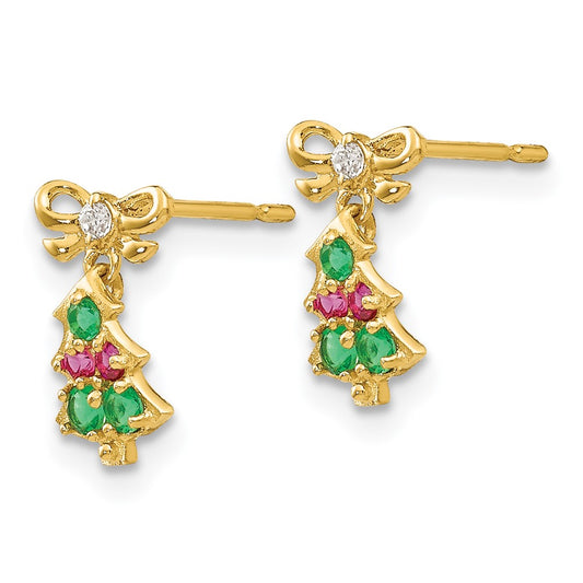 14K Yellow Gold Madi K CZ Children's Christmas Tree Dangle Post Earrings