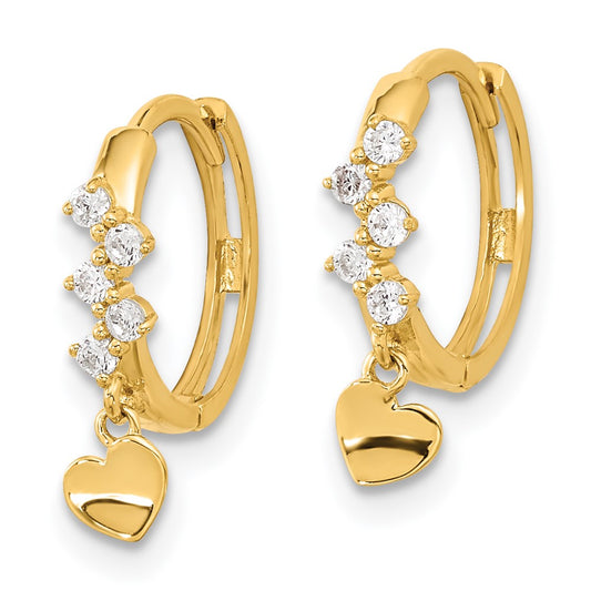 14K Yellow Gold Madi K CZ Heart Dangle Hinged Hoop Earrings