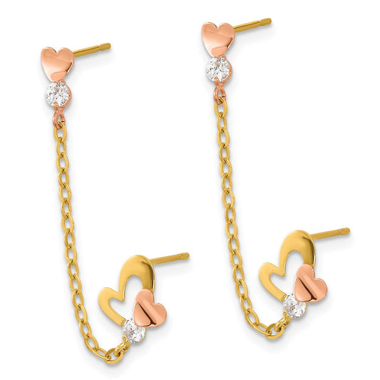 14K Two-Tone Gold Madi K CZ Double Post with Chain Heart Earrings