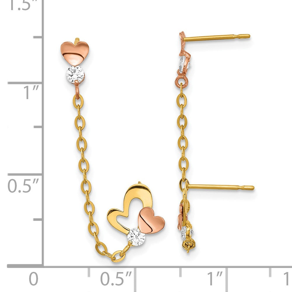 14K Two-Tone Gold Madi K CZ Double Post with Chain Heart Earrings