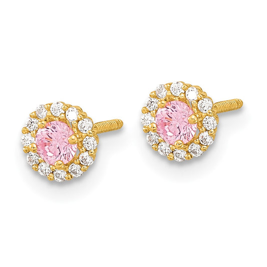 14K Yellow Gold Madi K Polished Pink and Clear CZ Screwback Post Earrings