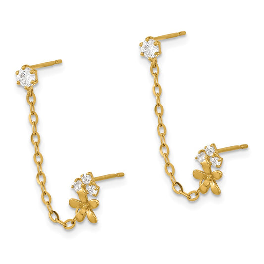 14K Yellow Gold Madi K CZ Double Post with Chain Flower Earrings