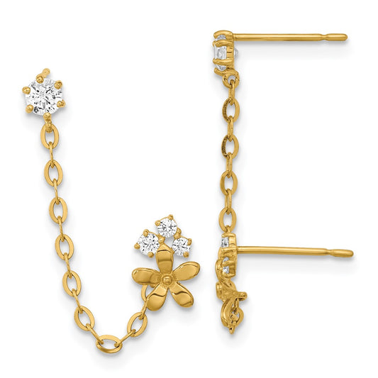 14K Yellow Gold Madi K CZ Double Post with Chain Flower Earrings