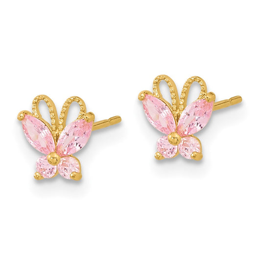 14K Yellow Gold Madi K Kids Pink CZ Butterfly Post Earrings