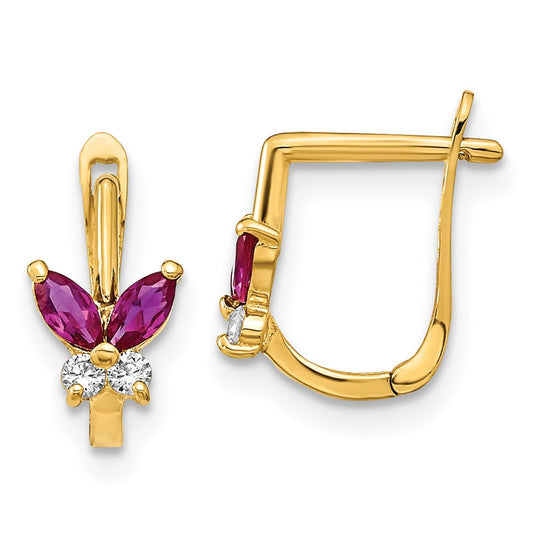 14K Yellow Gold Madi K Polished Red and White CZ Butterfly Hoop Earrings