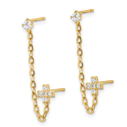 14K Yellow Gold Madi K Double Post with Chain CZ Cross Earrings (single)