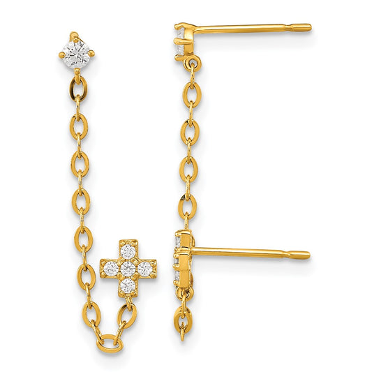 14K Yellow Gold Madi K Double Post with Chain CZ Cross Earrings (single)