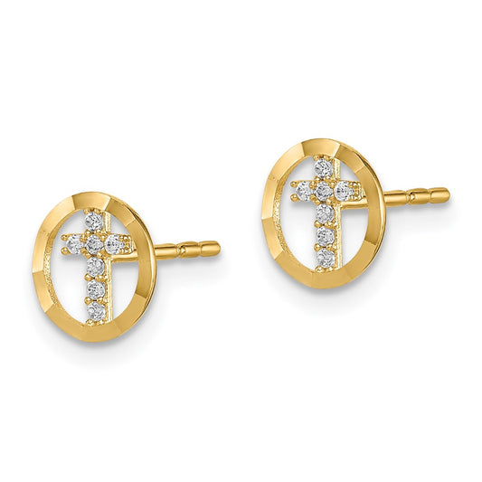 14K Yellow Gold Madi K CZ Diamond-cut Circle Cross Post Earrings