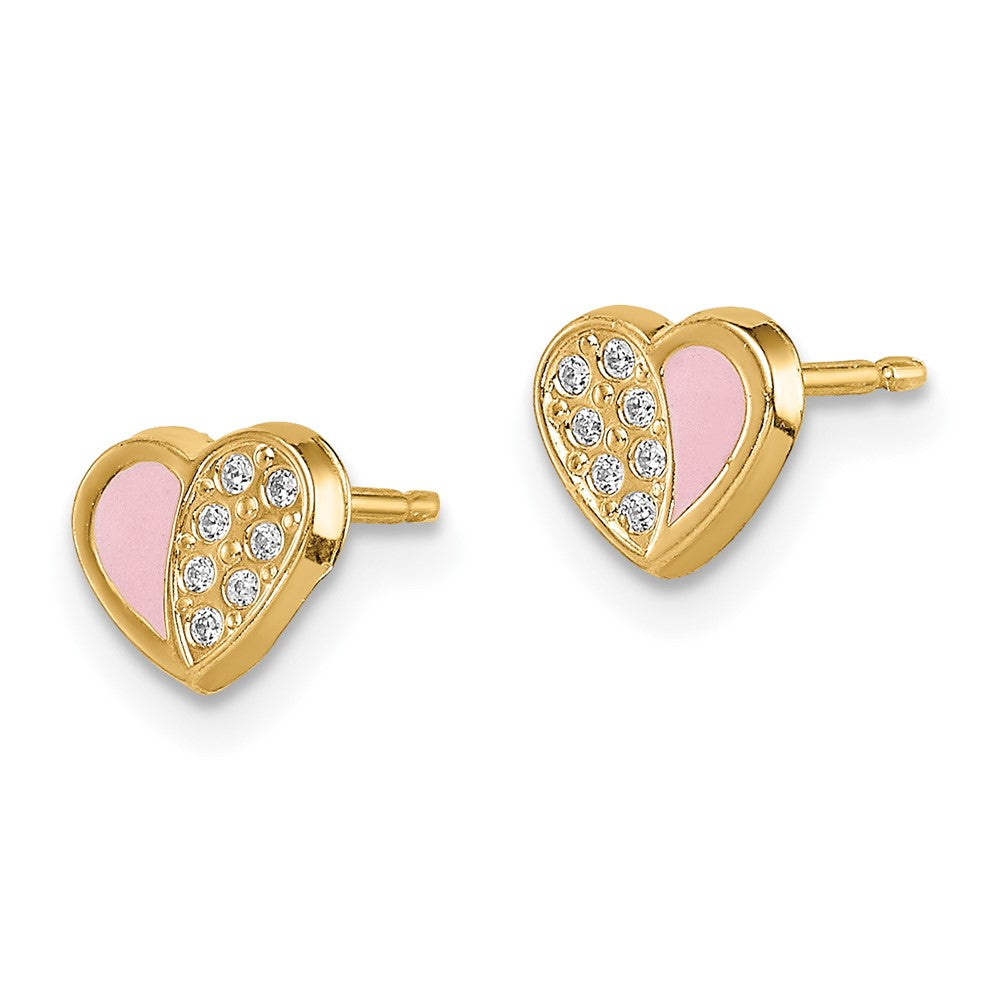 14K Yellow Gold Madi K CZ Pink Enamel Heart Post Earrings