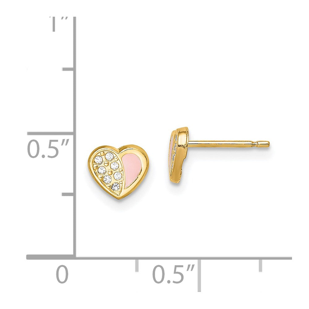 14K Yellow Gold Madi K CZ Pink Enamel Heart Post Earrings