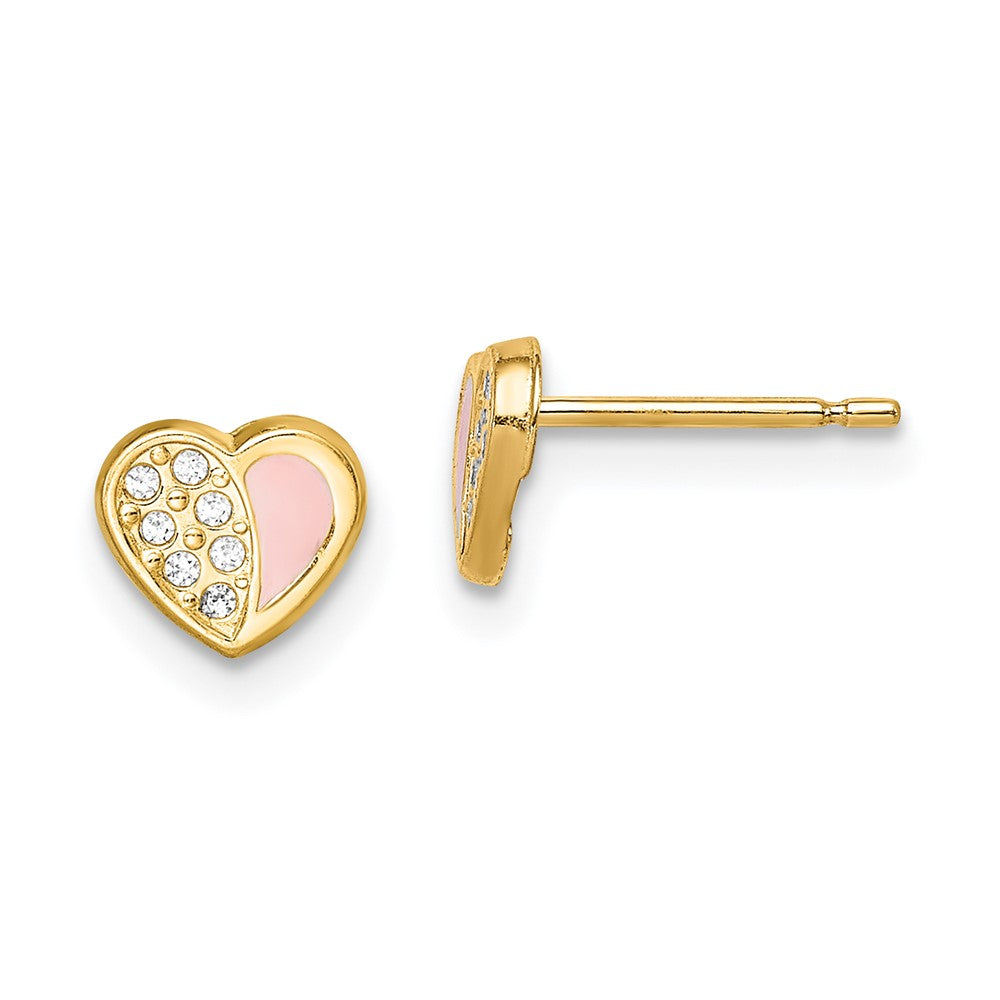 14K Yellow Gold Madi K CZ Pink Enamel Heart Post Earrings