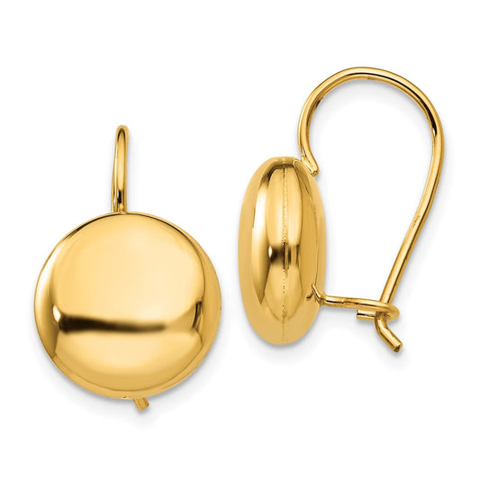 14K Yellow Gold Polished 12mm Button Kidney Wire Earrings