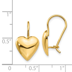 14K Yellow Gold Polished 11.5mm Puffed Heart Kidney Wire Earrings