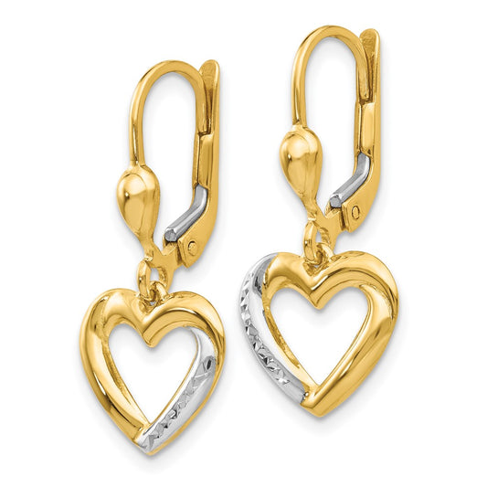 14K Two-Tone Gold Textured and Polished Heart Leverback Earrings