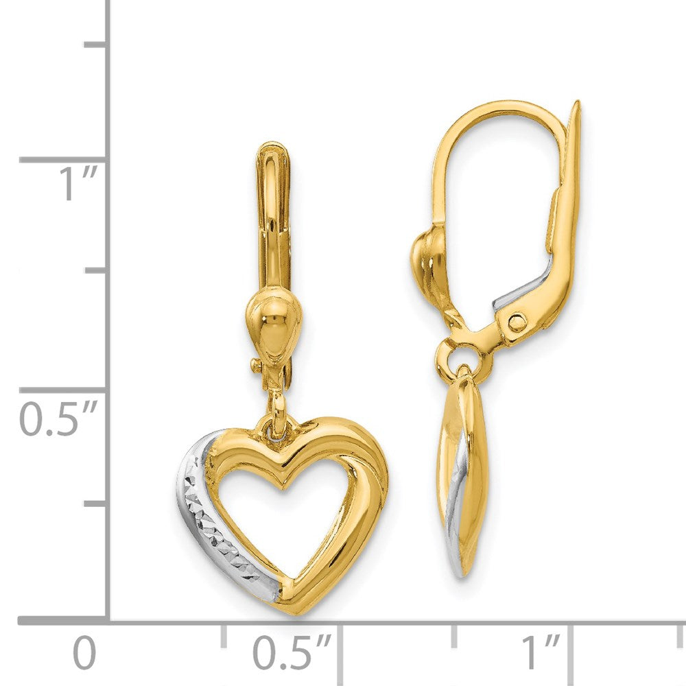 14K Two-Tone Gold Textured and Polished Heart Leverback Earrings