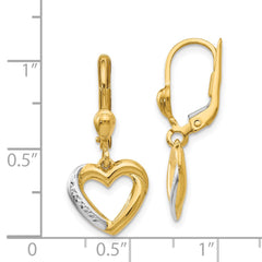 14K Two-Tone Gold Textured and Polished Heart Leverback Earrings