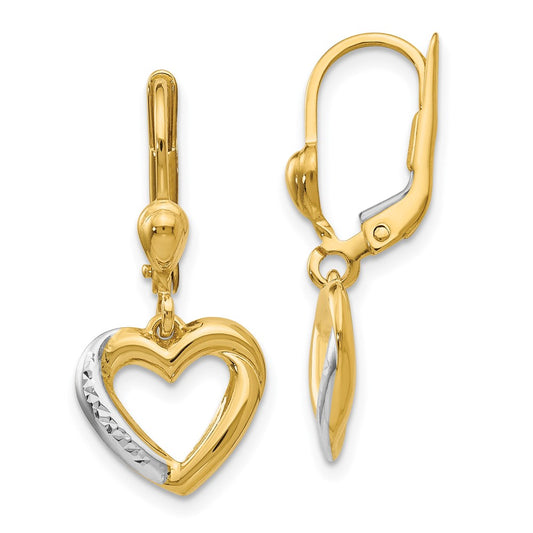 14K Two-Tone Gold Textured and Polished Heart Leverback Earrings