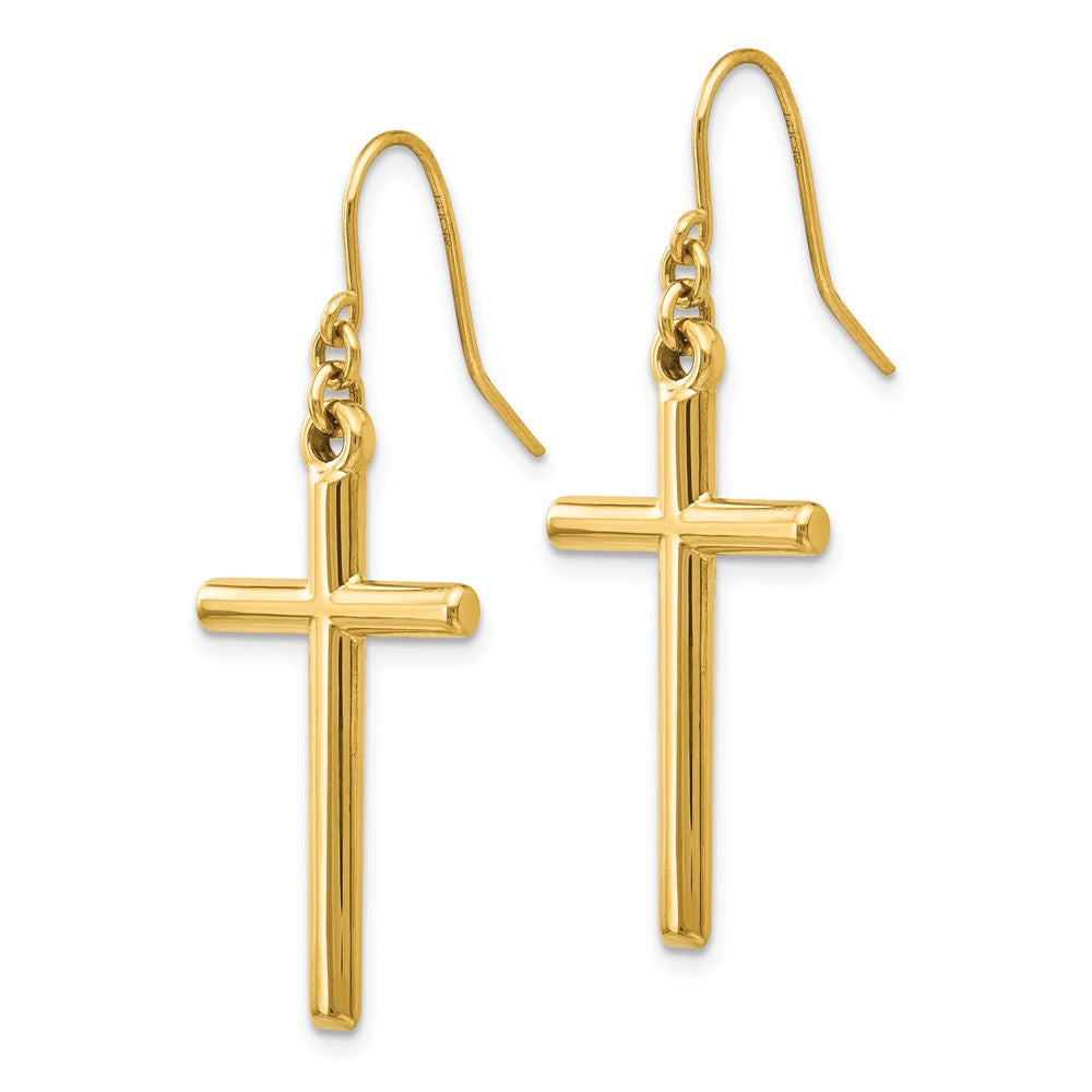 14K Yellow Gold Cross Shepherd Hook Dangle Earrings