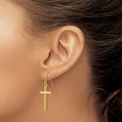 14K Yellow Gold Cross Shepherd Hook Dangle Earrings