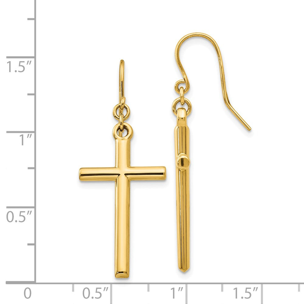 14K Yellow Gold Cross Shepherd Hook Dangle Earrings