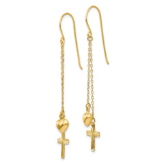 14K Yellow Gold Ropa Chain Puffed Heart and Diamond-cut Cross Dangle Earrings