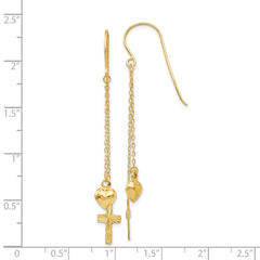 14K Yellow Gold Ropa Chain Puffed Heart and Diamond-cut Cross Dangle Earrings