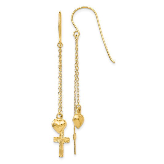 14K Yellow Gold Ropa Chain Puffed Heart and Diamond-cut Cross Dangle Earrings