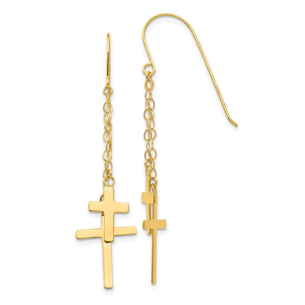 14K Yellow Gold Chain Dangle Cross Shepherd Hook Earrings