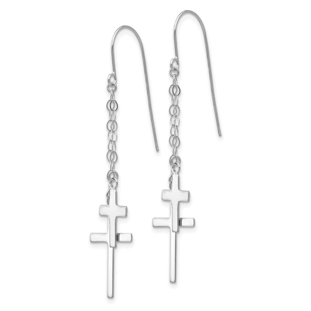 14K White Gold Chain Dangle Cross Shepherd Hook Earrings