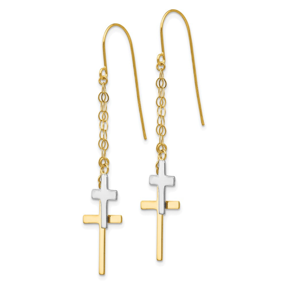 14K Yellow Gold Two-tone Chain Dangle Cross Shepherd Hook Earrings