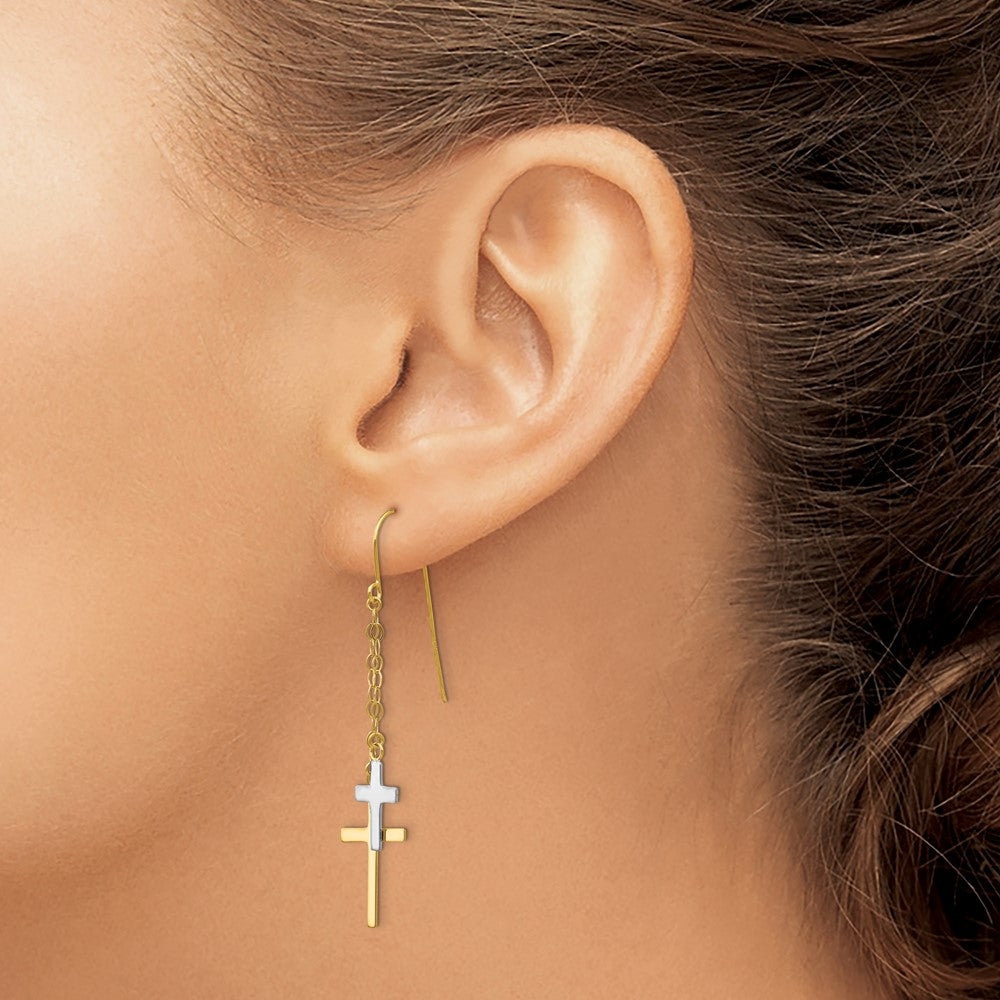 14K Yellow Gold Two-tone Chain Dangle Cross Shepherd Hook Earrings