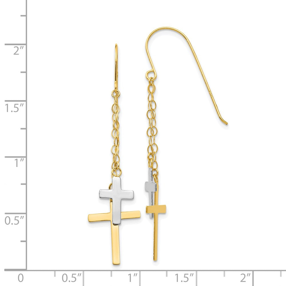 14K Yellow Gold Two-tone Chain Dangle Cross Shepherd Hook Earrings