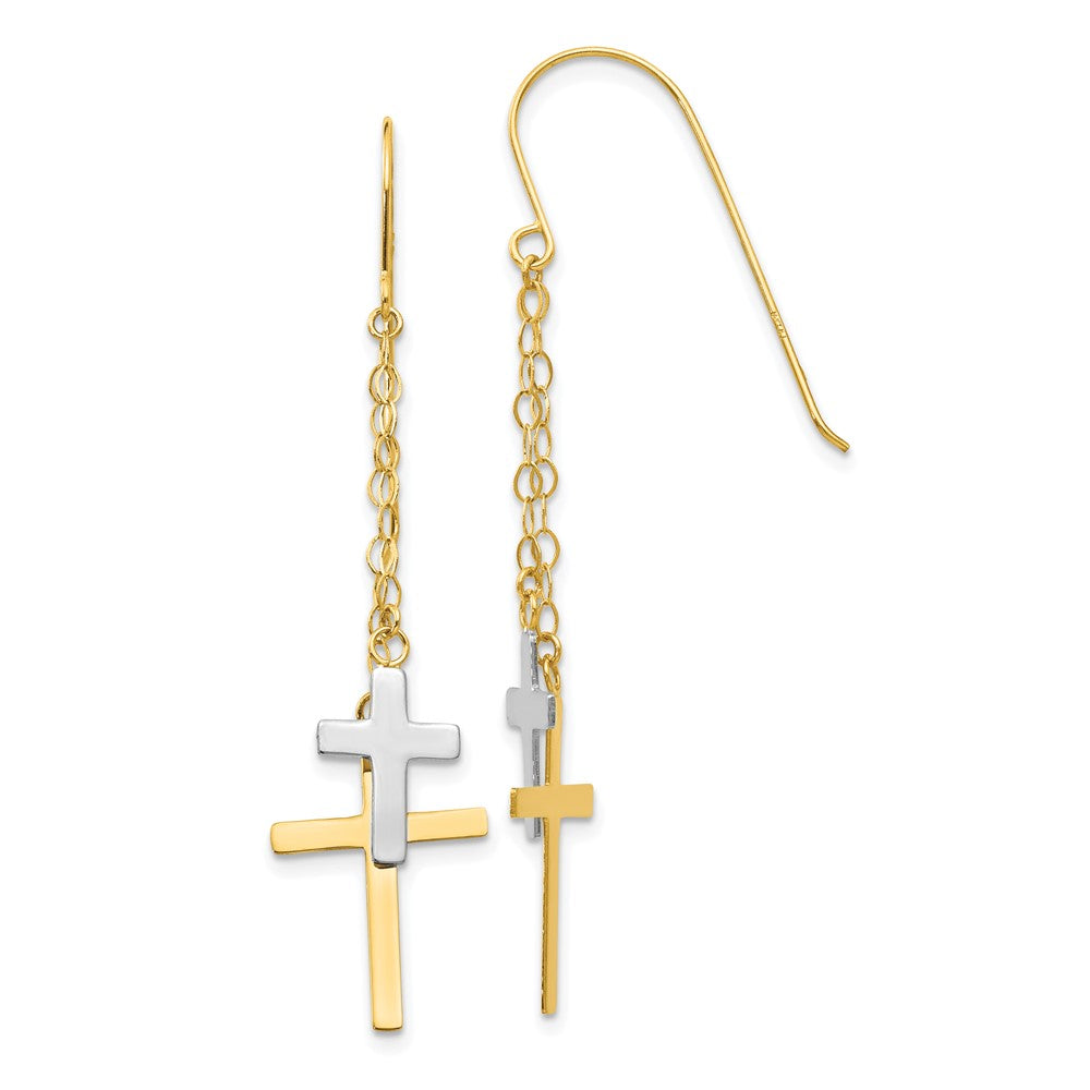 14K Yellow Gold Two-tone Chain Dangle Cross Shepherd Hook Earrings