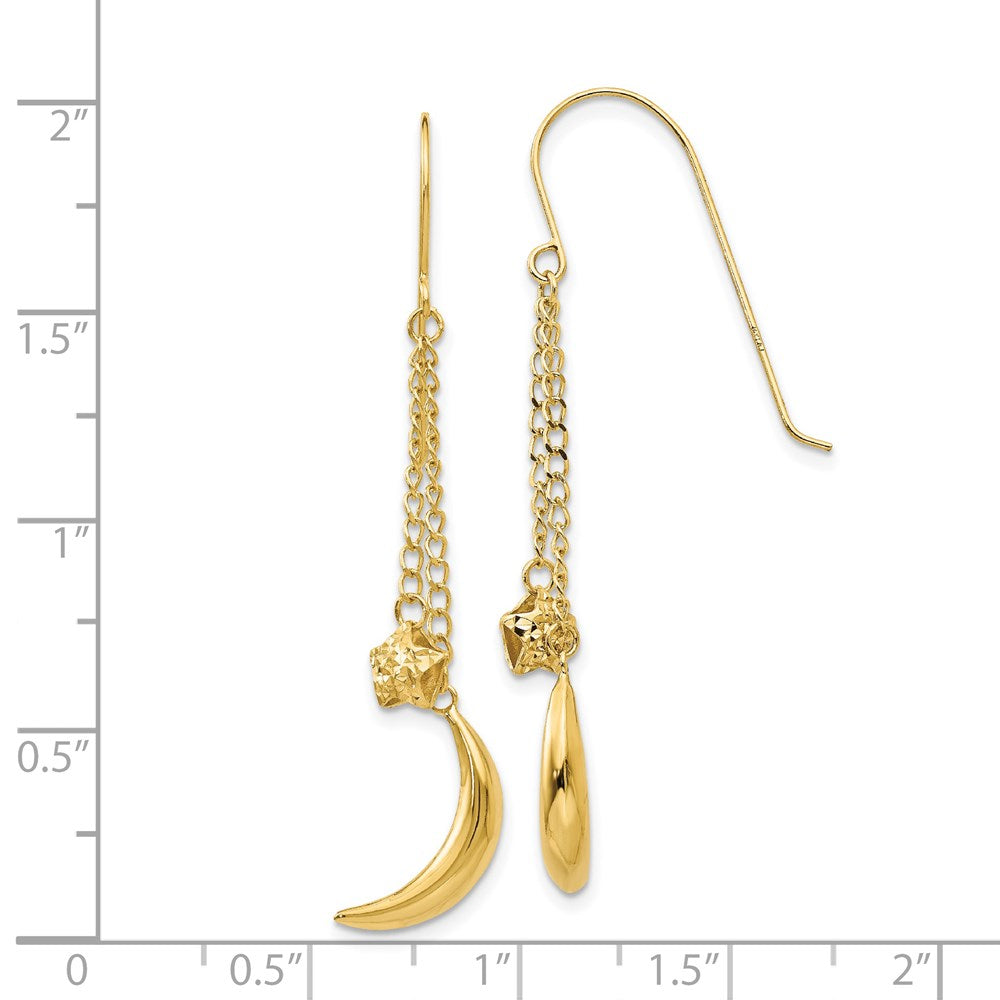14K Yellow Gold Chain Dangle Puffed Moon & Stars Shepherd Hook Earrings