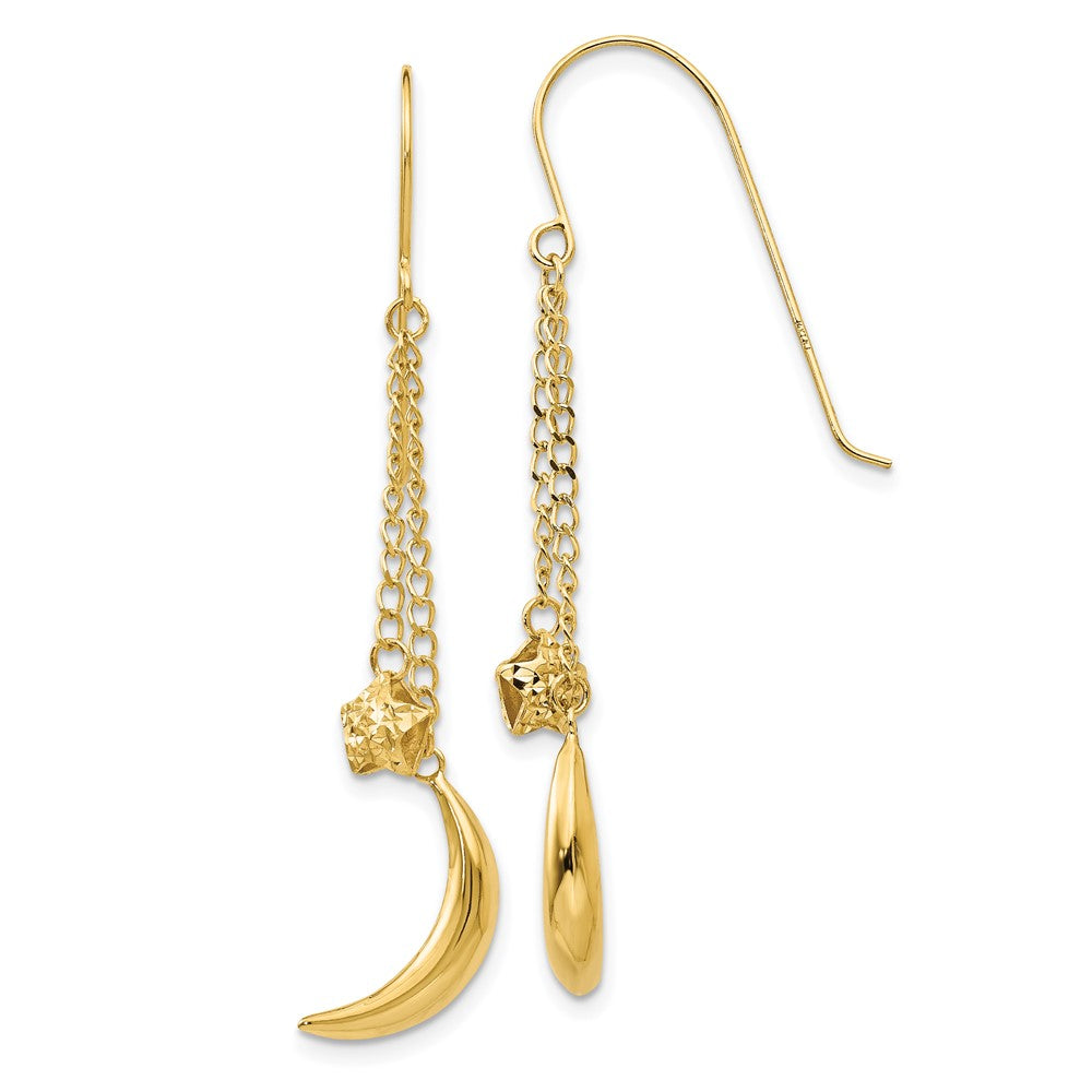 14K Yellow Gold Chain Dangle Puffed Moon & Stars Shepherd Hook Earrings