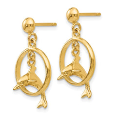 14K Yellow Gold Polished 3D Dolphin Jumping Through Hoop Dangle Earrings