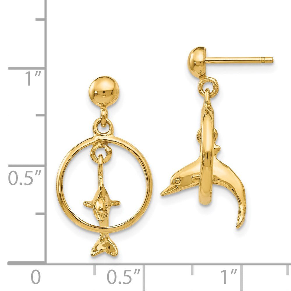 14K Yellow Gold Polished 3D Dolphin Jumping Through Hoop Dangle Earrings