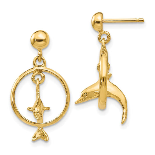 14K Yellow Gold Polished 3D Dolphin Jumping Through Hoop Dangle Earrings