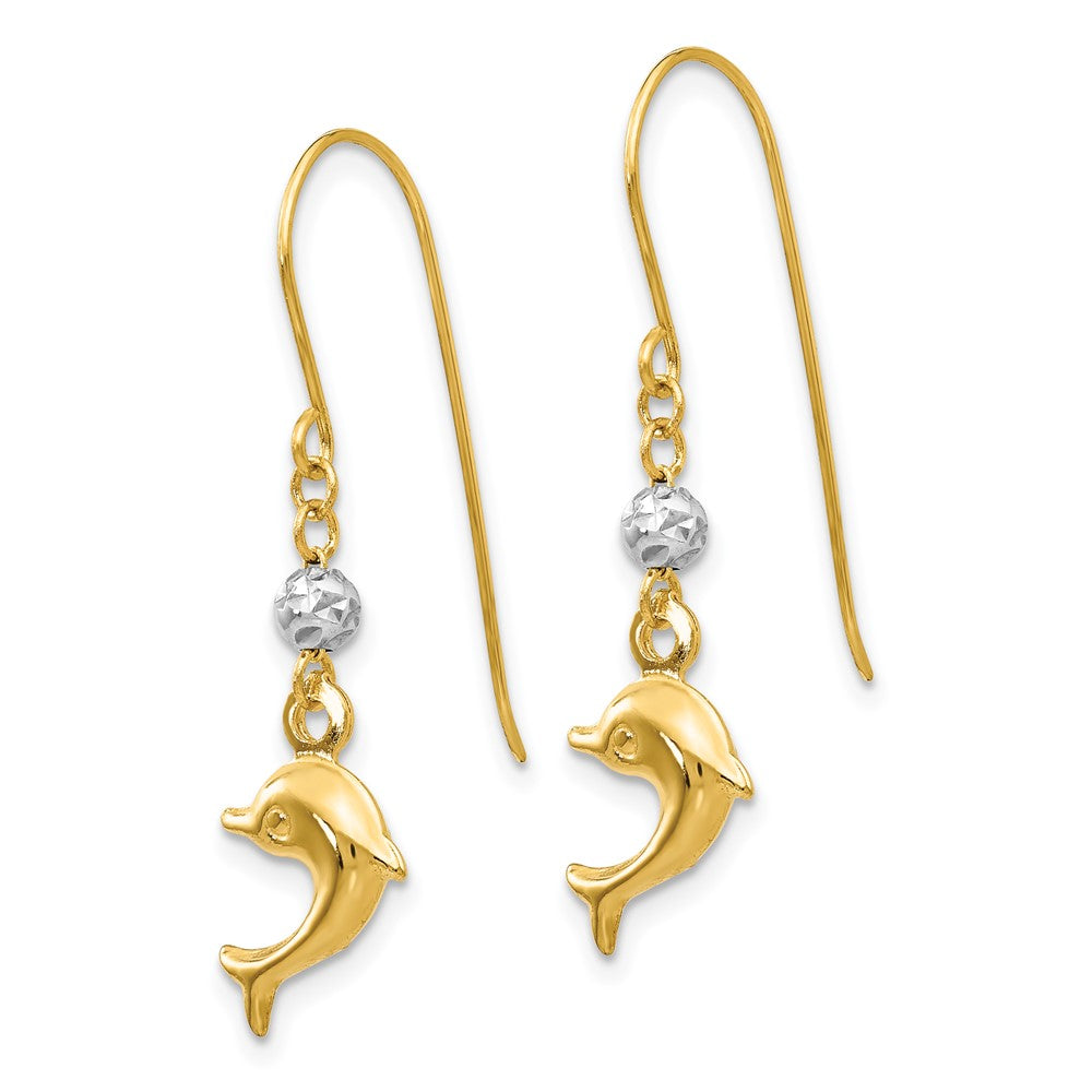 14K Two-Tone Goldd Puffed Dolphin Shepherd Hook Earrings