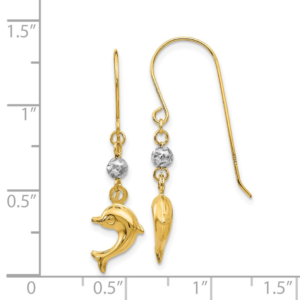 14K Two-Tone Goldd Puffed Dolphin Shepherd Hook Earrings