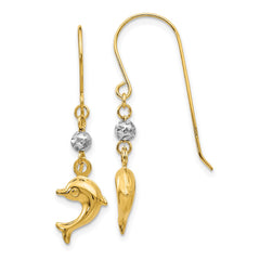 14K Two-Tone Goldd Puffed Dolphin Shepherd Hook Earrings