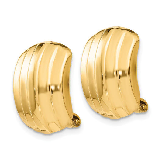 14K Yellow Gold Polished Ribbed Non-pierced Omega Back Earrings