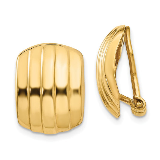 14K Yellow Gold Polished Ribbed Non-pierced Omega Back Earrings