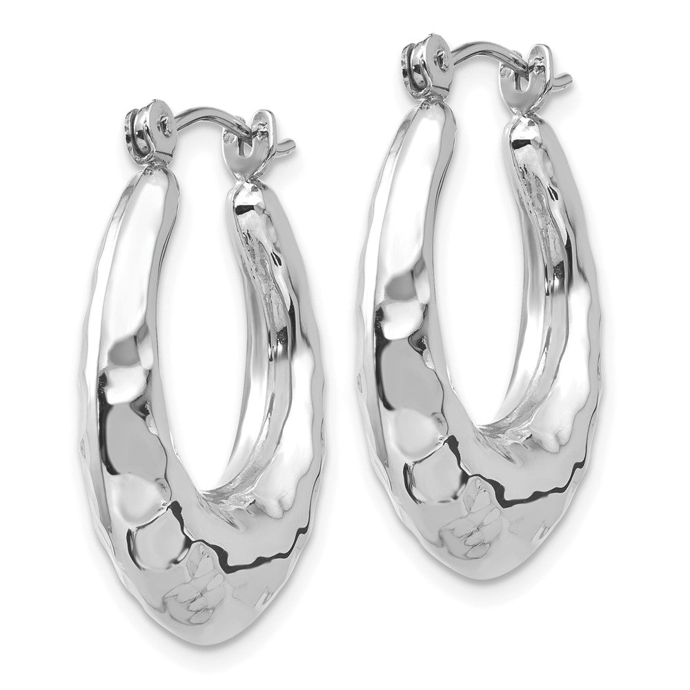 14K White Gold Polished Hammered Hoop Earrings