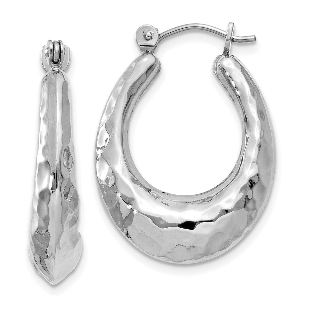 14K White Gold Polished Hammered Hoop Earrings